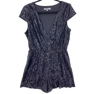 Bailey Blue Black Sequin Romper L V-Neck Cap Sleeve Sparkle Party Night Out
